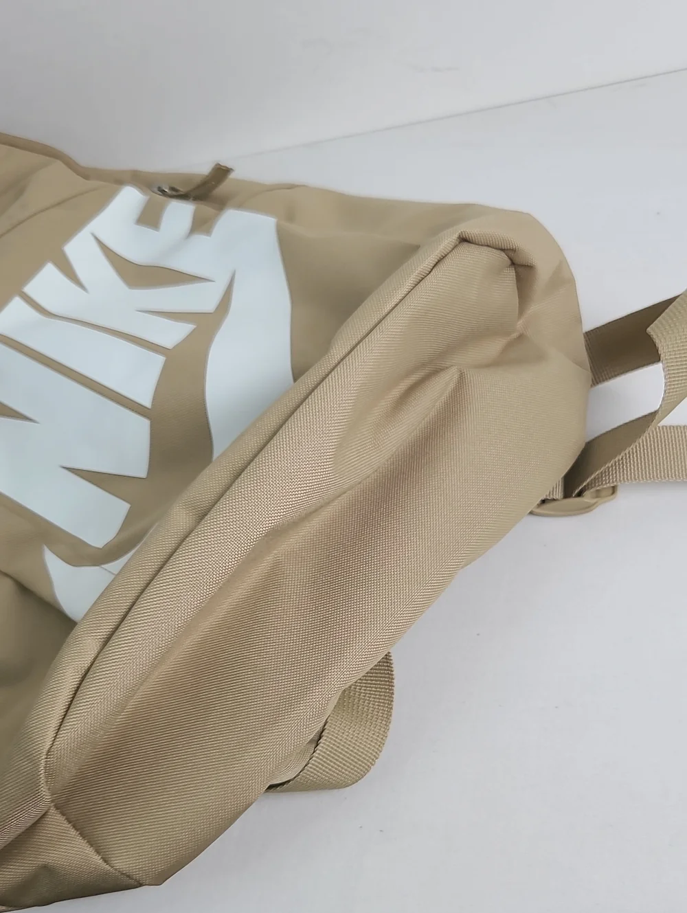 NWT NIKE Mulriple Zip Compartment Pockets Backpack Tan Beige with White Logo